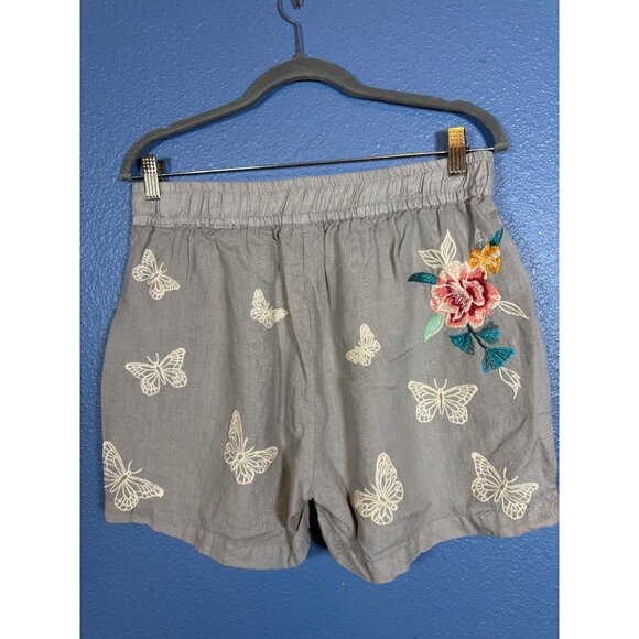 Johnny Was Embroidered Butterfly Linen Drawstring Shorts Gray W's Medium - Picture 10 of 12